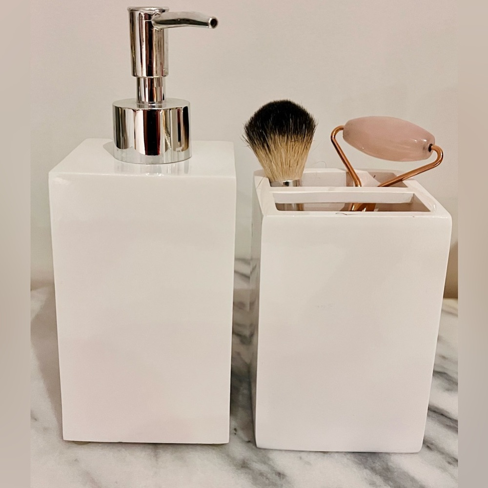 White Lacquer Soap Dispenser and Toothbrush/Makeup Holder